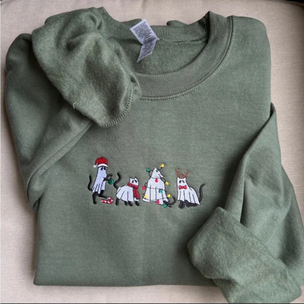 Olive Green Gildan Sweatshirt w/ Embroidered Holiday Ghost Cats